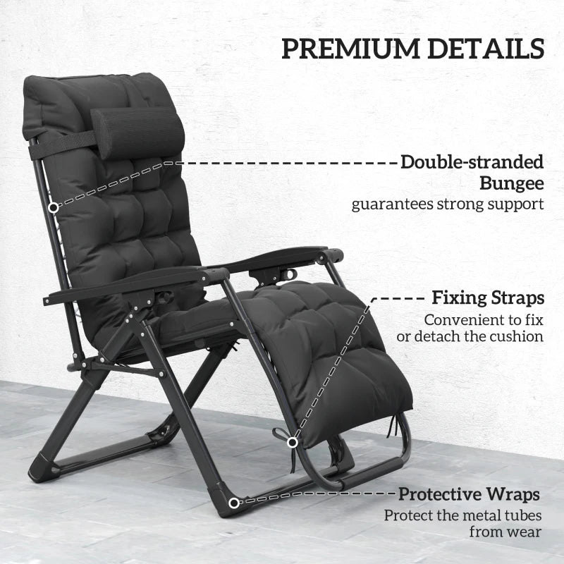 Folding Garden Chair, Reclining Zero Gravity Chair, Sun Lounger with Cushion and Headrest, Black