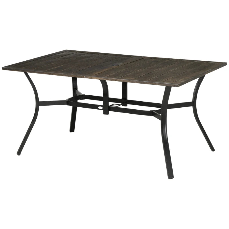 Steel Frame 59 Inch Outdoor Dining Table for Six with Parasol Hole, Wood Grain Tabletop, for Backyard, Garden, Brown
