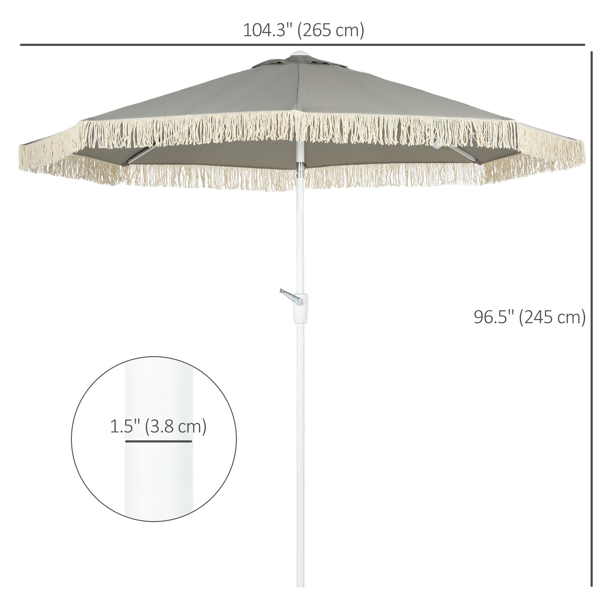 Outsunny Outdoor Sun Umbrella 8.7x8.7 ft with Tilt Fringed Ruffles Patio Table Parasol Grey 
