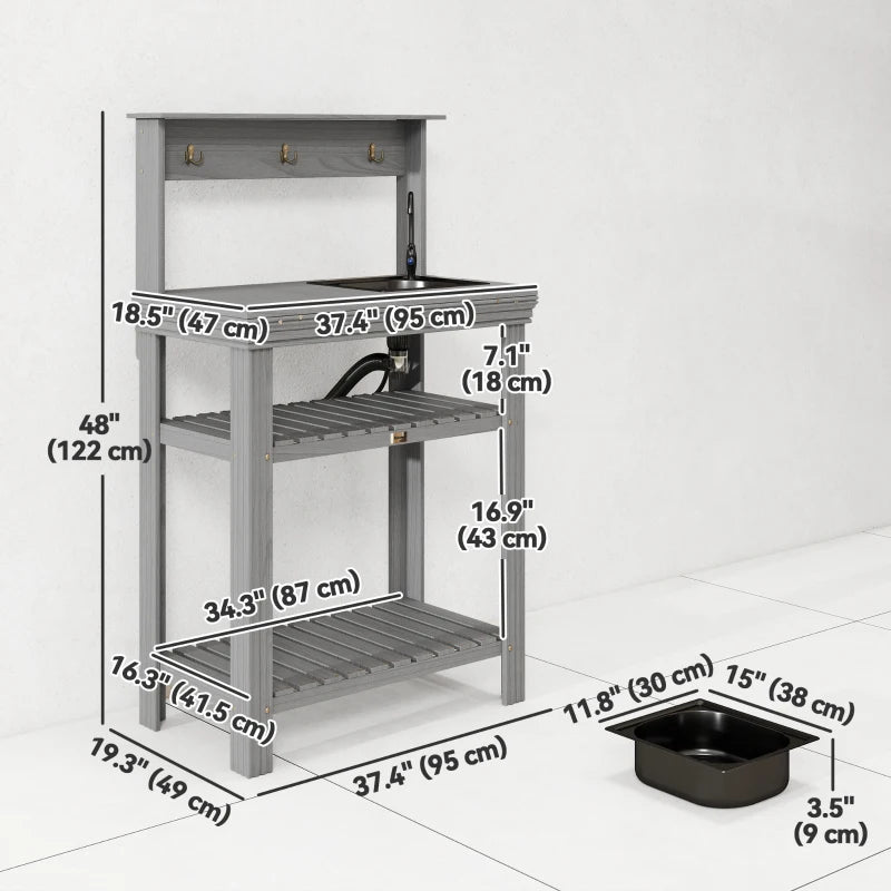 Outdoor Potting Bench Table with Faucet, Removable Sink, Hooks and Storage Shelves, Wood Work Bench Workstation, Grey