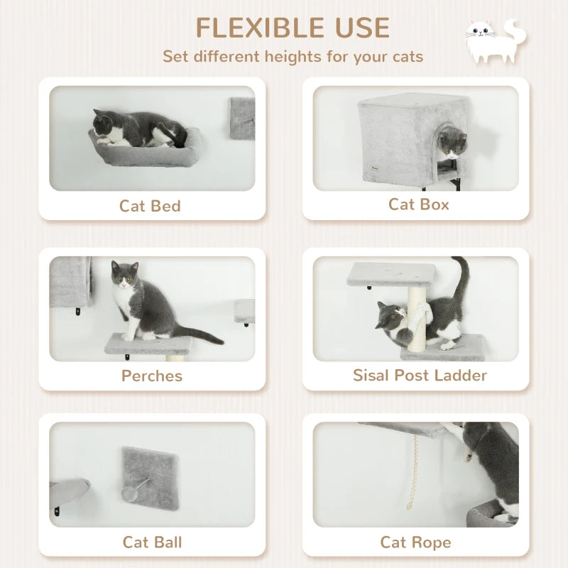Cat Wall Shelves Set of 7, Shelves and Perches with House, Sisal Post Ladder, Bed & Ball, Grey