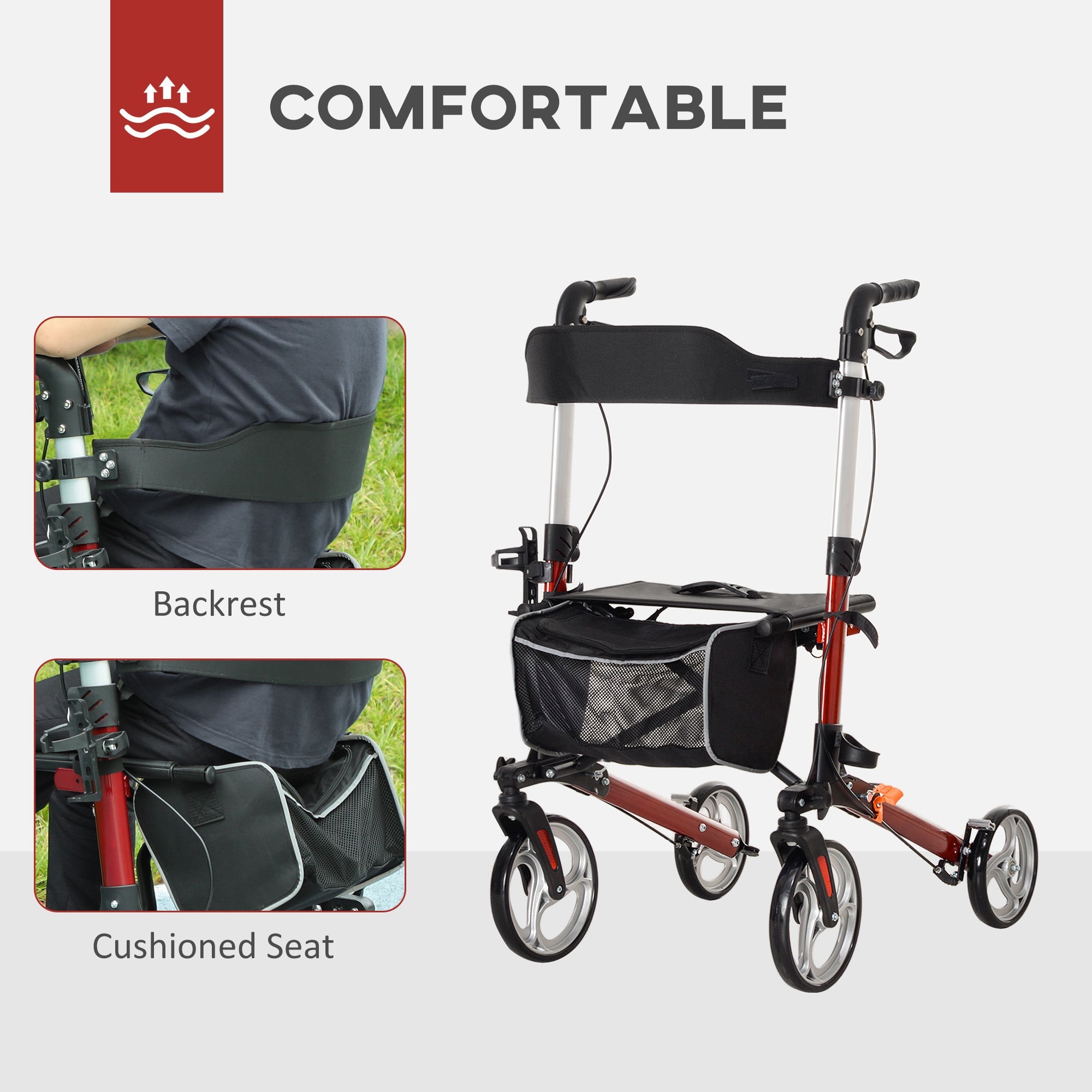 HOMCOM Lightweight Folding Rolling Walker with Large Seat, Back, Adjustable Handle, Bag, Dual Brake, Cane Holder, Red 