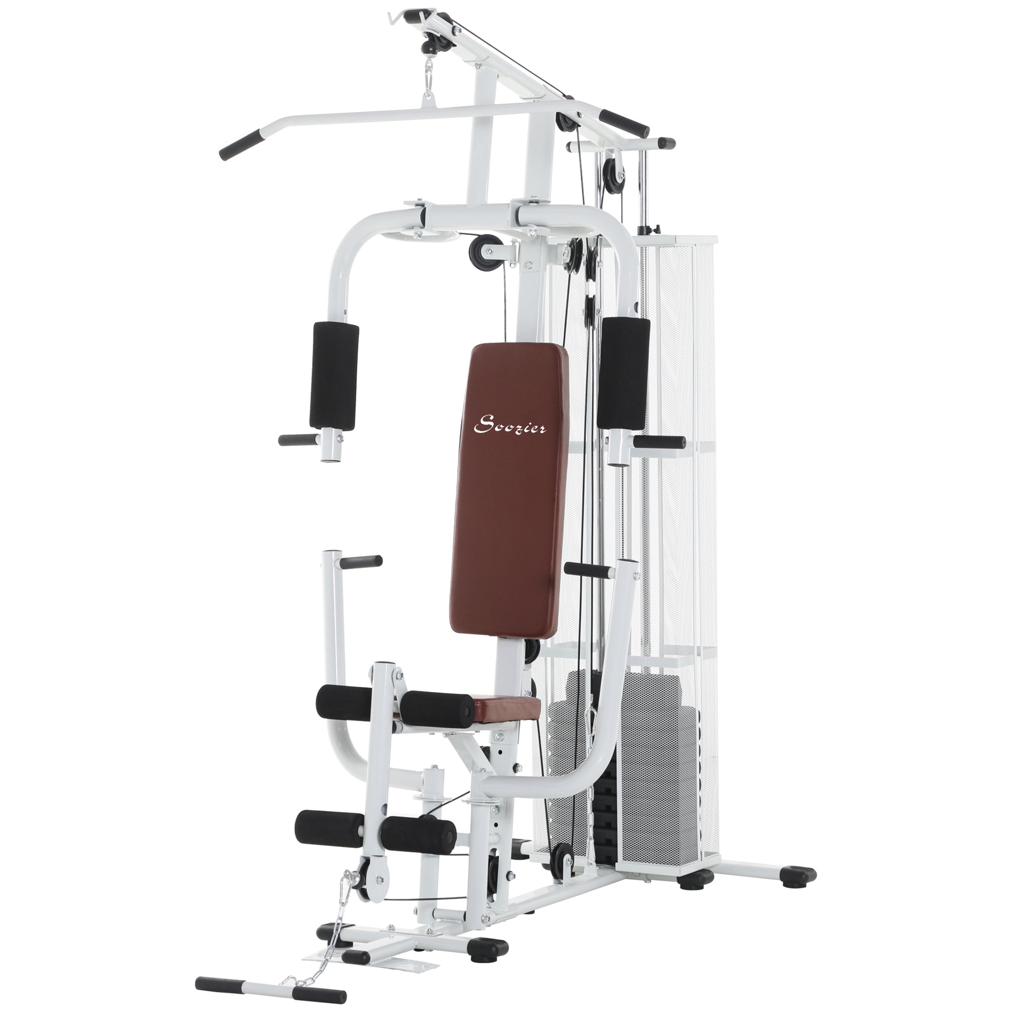 Soozier Home Gym, Multifunction Gym Equipment Workout Station with 100Lbs Weight Stack for Lat Pulldown, Leg Extensions, Preacher Bicep Curls, Triceps Pulldowns, Chest Press, White 
