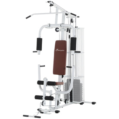 Soozier Home Gym, Multifunction Gym Equipment Workout Station with 100Lbs Weight Stack for Lat Pulldown, Leg Extensions, Preacher Bicep Curls, Triceps Pulldowns, Chest Press, White 