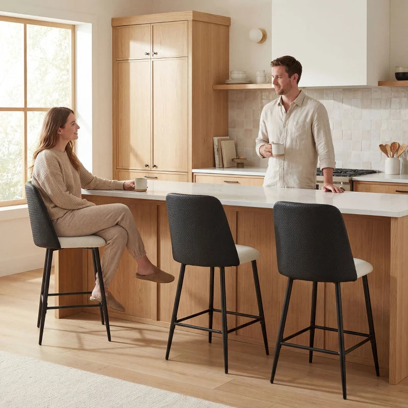 Bar Stools Set of 2, 26" Counter Height Bar Stools with PU Backrest, Linen-look Fabric Seat, Black
