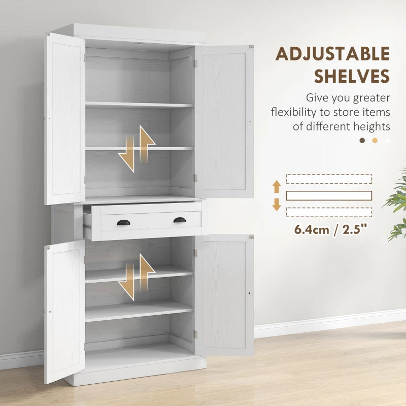 72" Tall Pantry Cabinet, Kitchen Storage Cabinet with 4 Doors, Drawer and 2 Adjustable Shelves, White