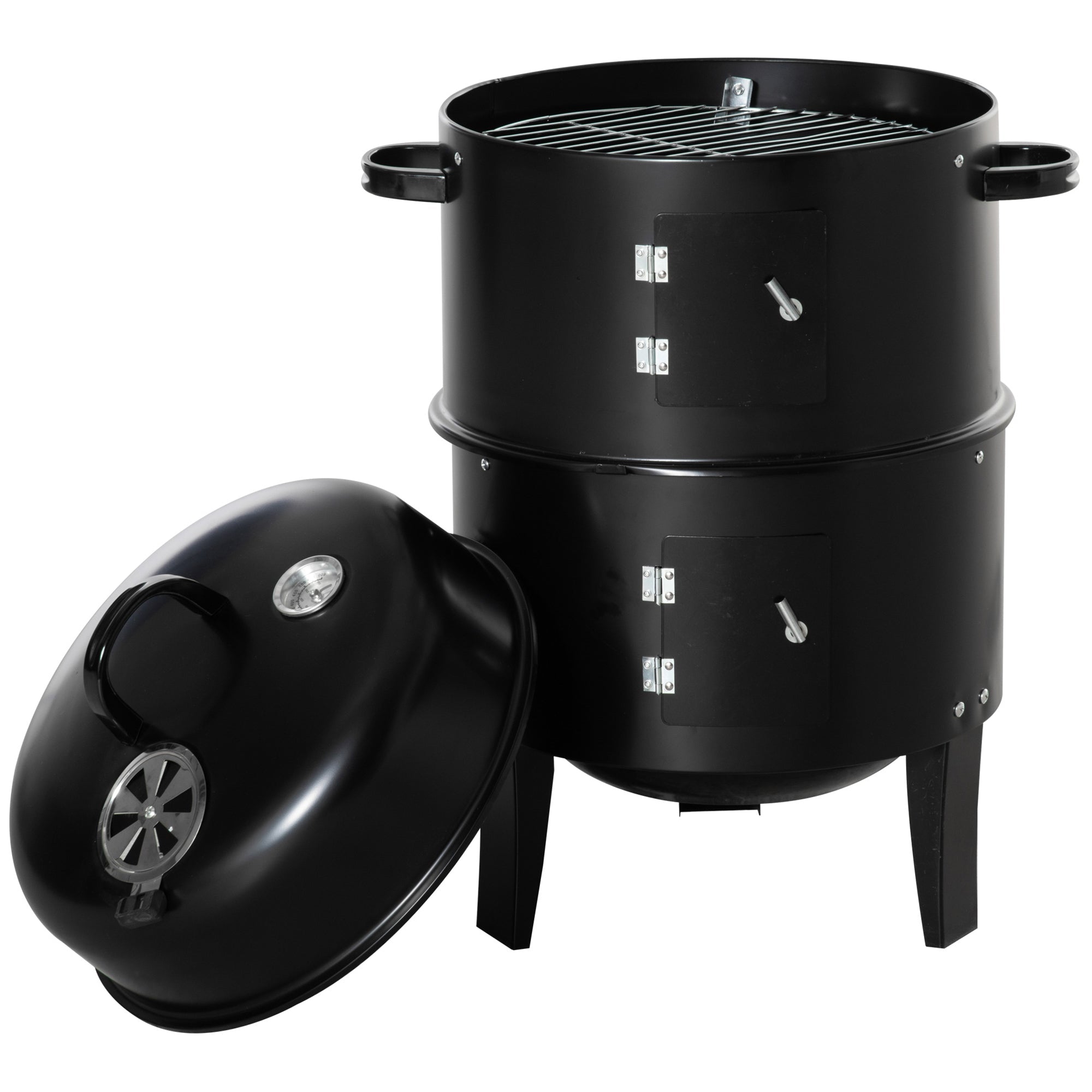 Outsunny Vertical Charcoal BBQ Smoker 3-in-1, 16" Round Barbecue Grill with Dual Cooking Areas, Thermometer, Black 