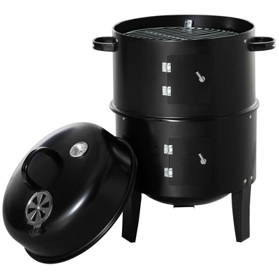 Outsunny Vertical Charcoal BBQ Smoker 3-in-1, 16" Round Barbecue Grill with Dual Cooking Areas, Thermometer, Black 