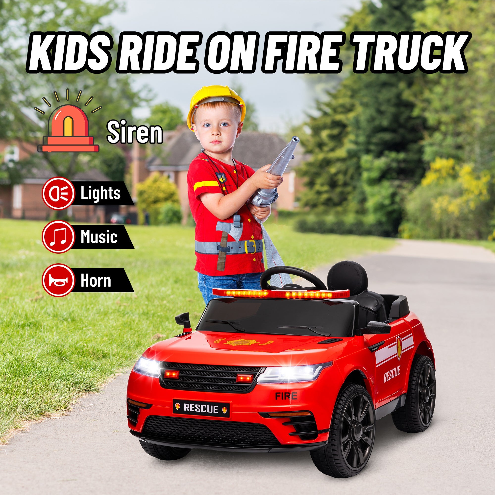 Qaba 12V Kids Electric Fire Truck w/ Remote Control, Spring Suspension, Training Wheel, Siren, Music, Light, Horn, Red 
