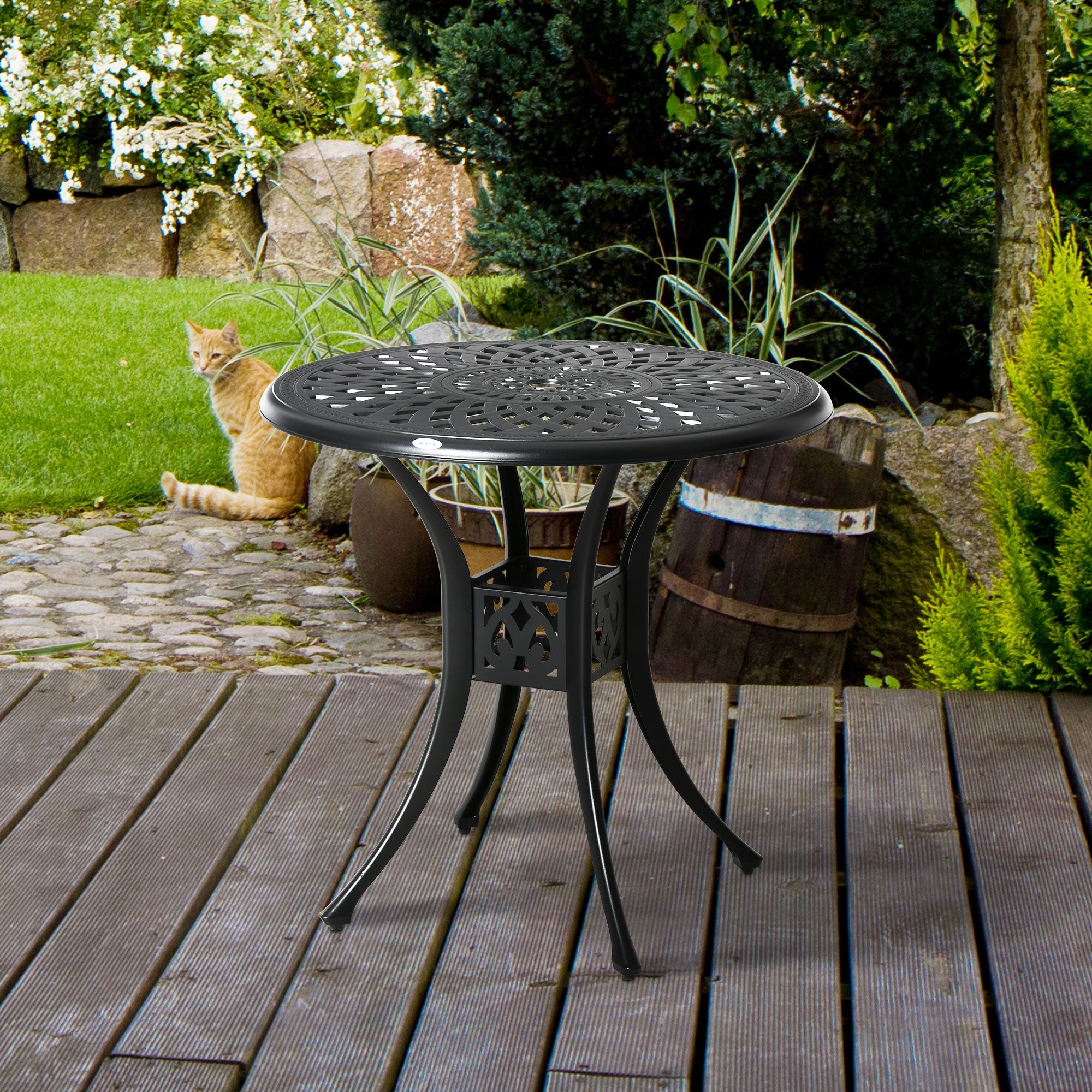 Outsunny 30-inch Round Patio Dining Table with Umbrella Hole Antique Cast Aluminium Outdoor Bistro Table, Black 