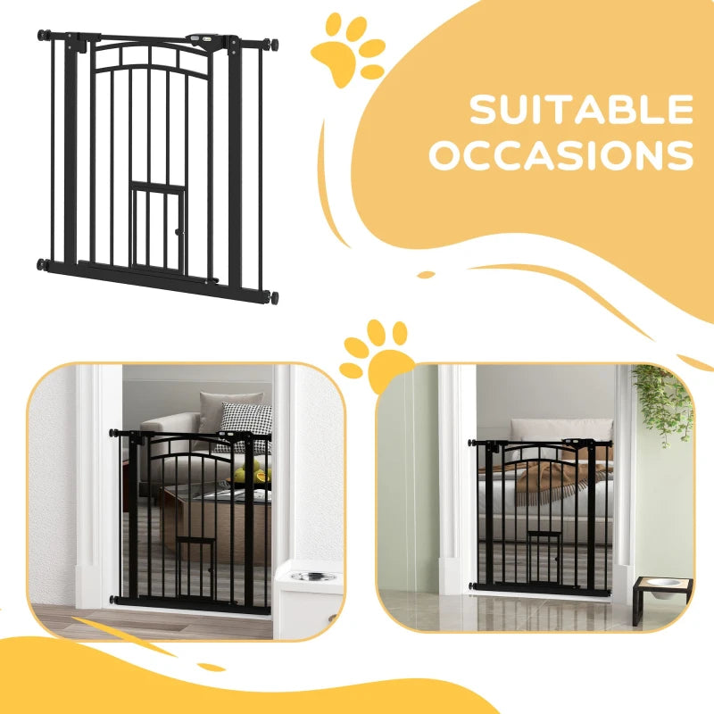 Auto-Close Pet Gate, Stair Gate with Cat Door, Double Locking for Doorways Hallways Stairs, Fits 29"-31.5" Wide, Black