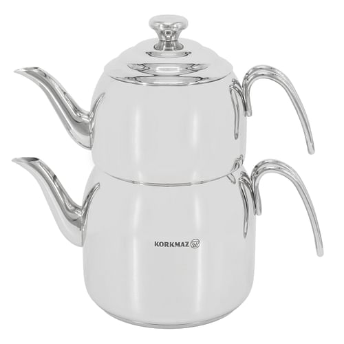 Korkmaz Droppa 2 Piece 1.1 and 2.3 Liter Stainless Steel Maxi Tea Pot Set - Free Shipping 