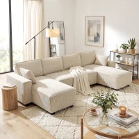 HOMCOM Modern U-Shaped Modular Sectional Sofa with Dual Chaise Lounges, Pocket Spring Cushions & Throw Pillows – Beige