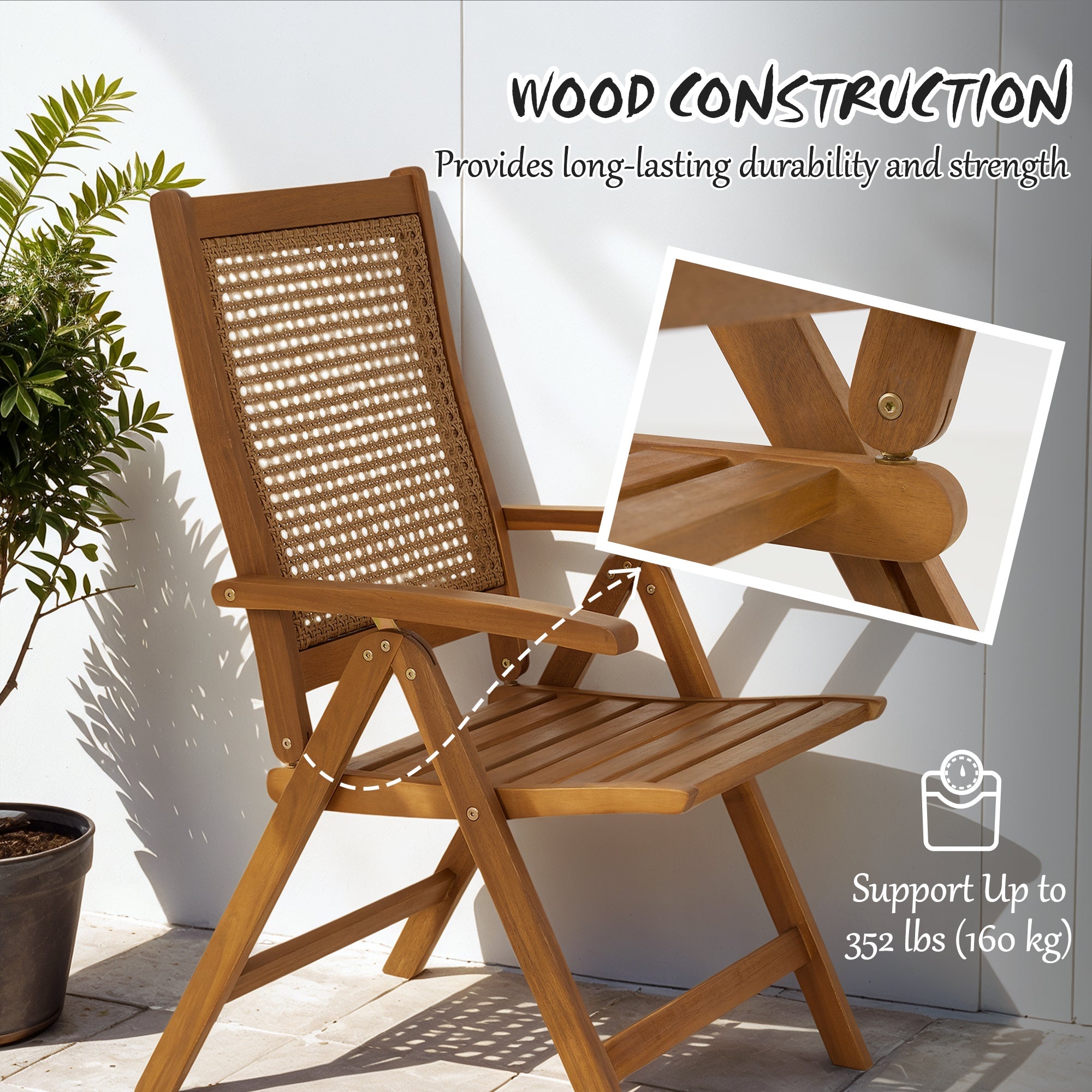 Outsunny Outdoor Folding Chair with Adjustable Back, Wood Foldable Camping Chair with Slatted Seat, Armrest, Teak 