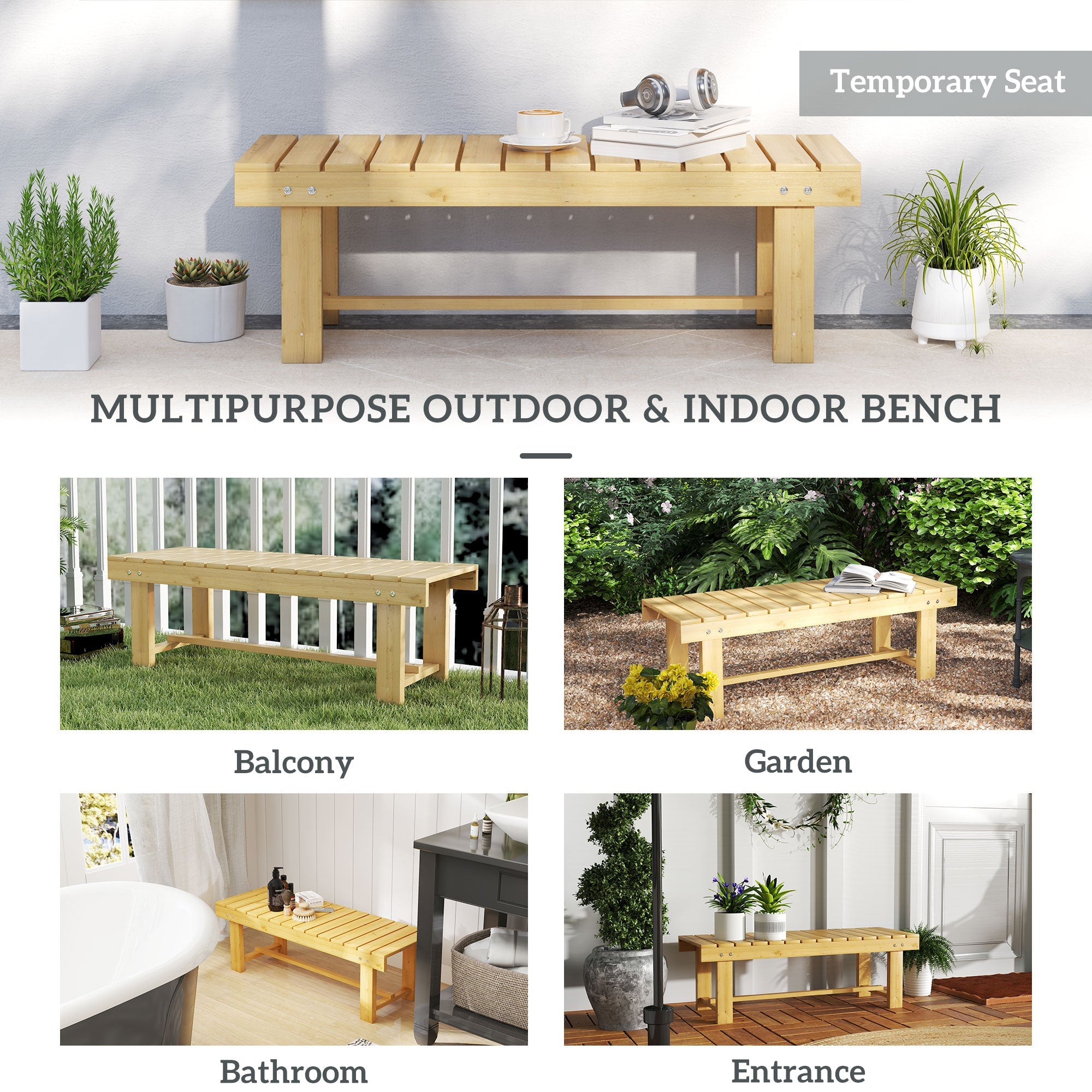 Outsunny 43.25" Outdoor Wood Garden Bench Backless Patio Fir Wood Loveseat Backyard Park Double Seat 2 Person 