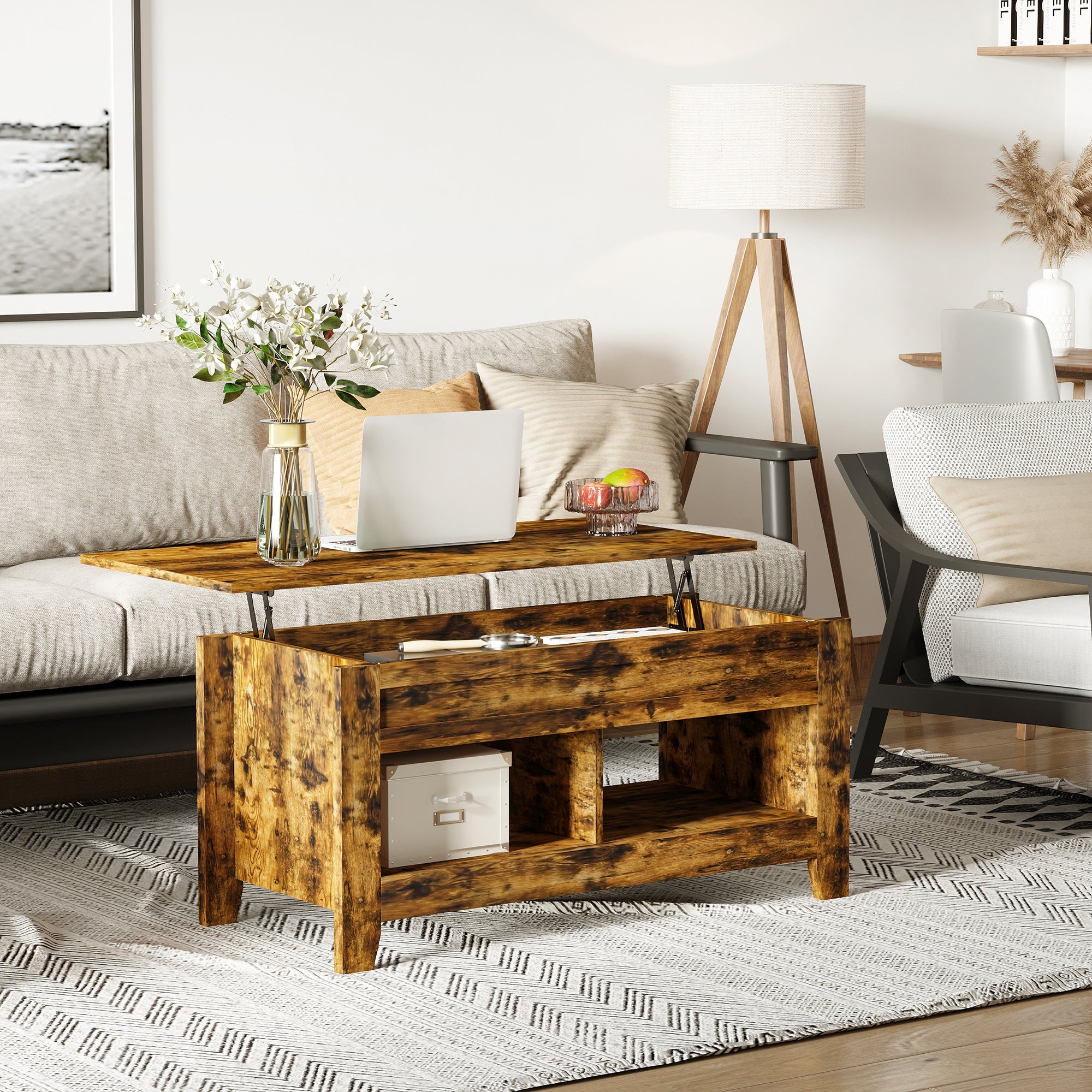HOMCOM Lift-Top Coffee Table: Hidden Storage Shelves & Adjustable Pop-Up Tabletop, Living Room Furniture, Brown 