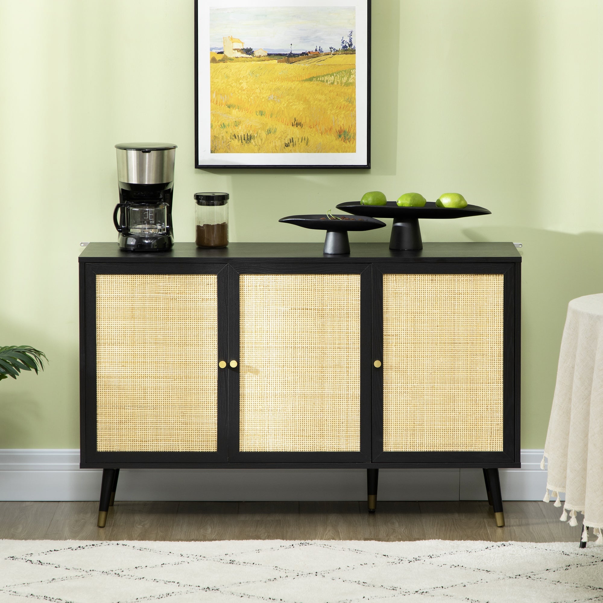 HOMCOM Black & Natural Rattan Sideboard: Kitchen Buffet Cabinet with Storage Shelves & Wood Legs for Living Areas 