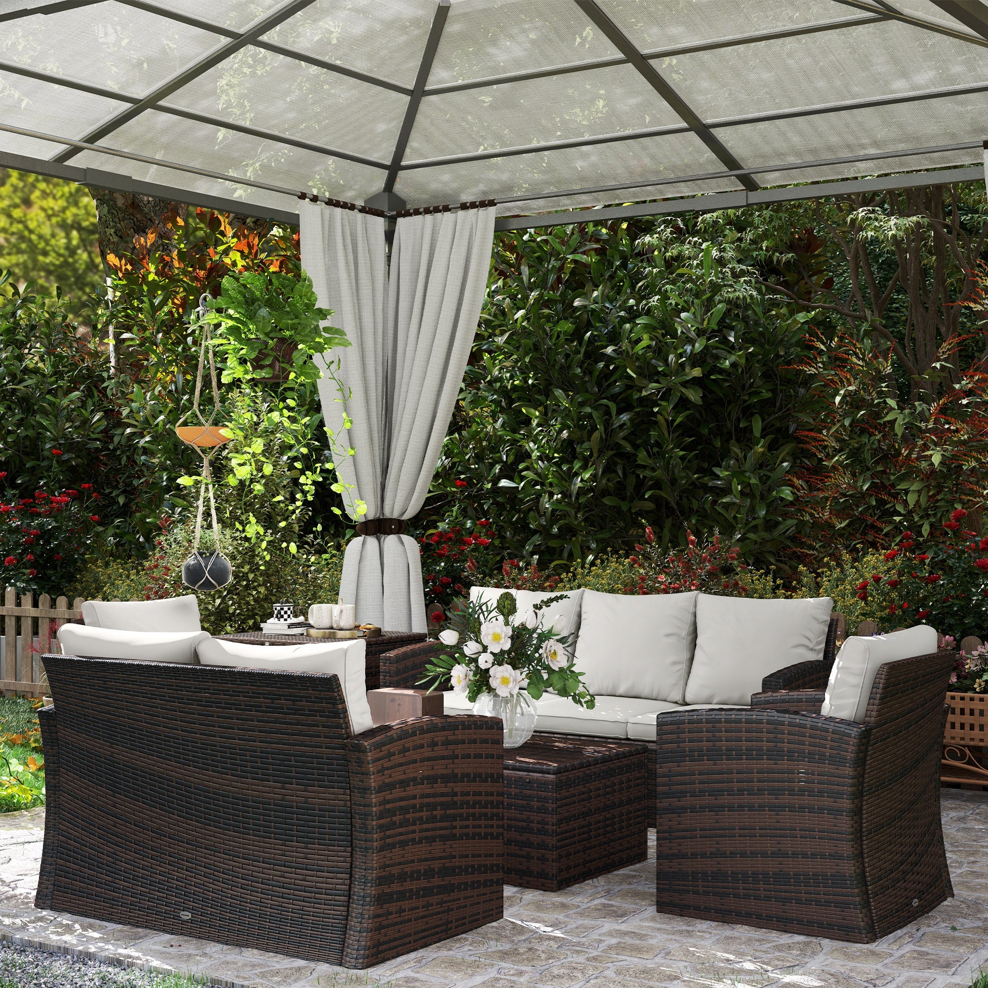 Outsunny 6 Piece Patio Furniture Set, Rattan Wicker Patio Sofa Set Sectional Outdoor Conversation Sofa Set Storage Table & Cushions, Cream White 