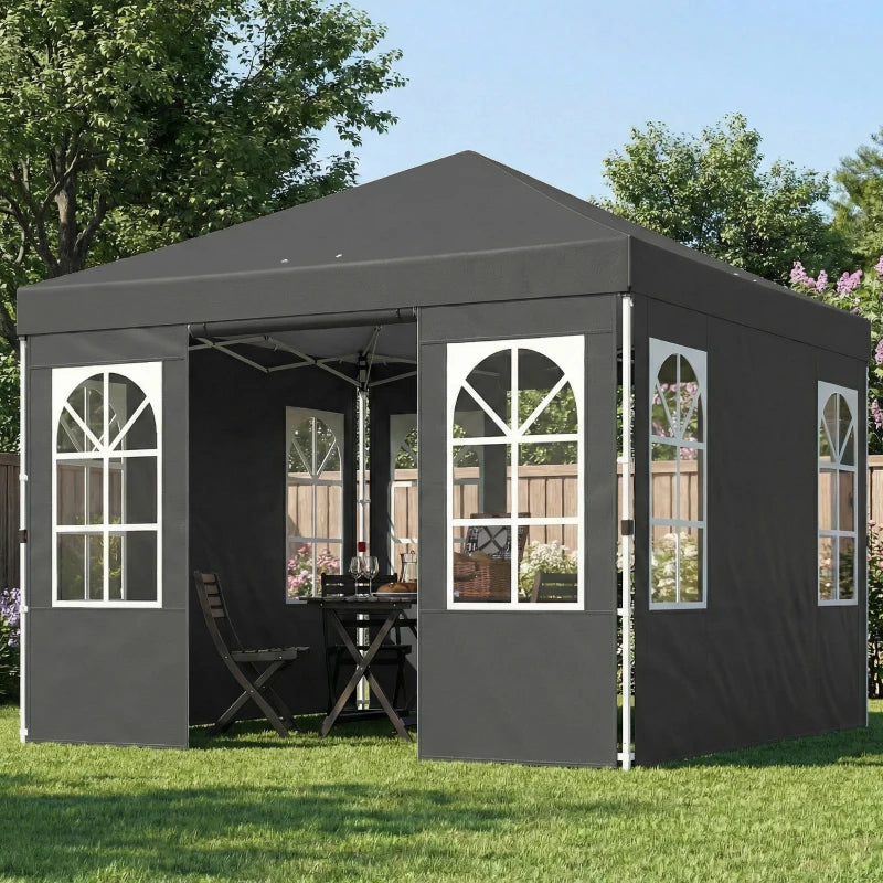 9.6 x 9.6 ft Pop Up Canopy Tent with 4 Sidewalls, UPF 50+ 1-Button Push Easy Setup Outdoor Instant Canopy, Dark Grey