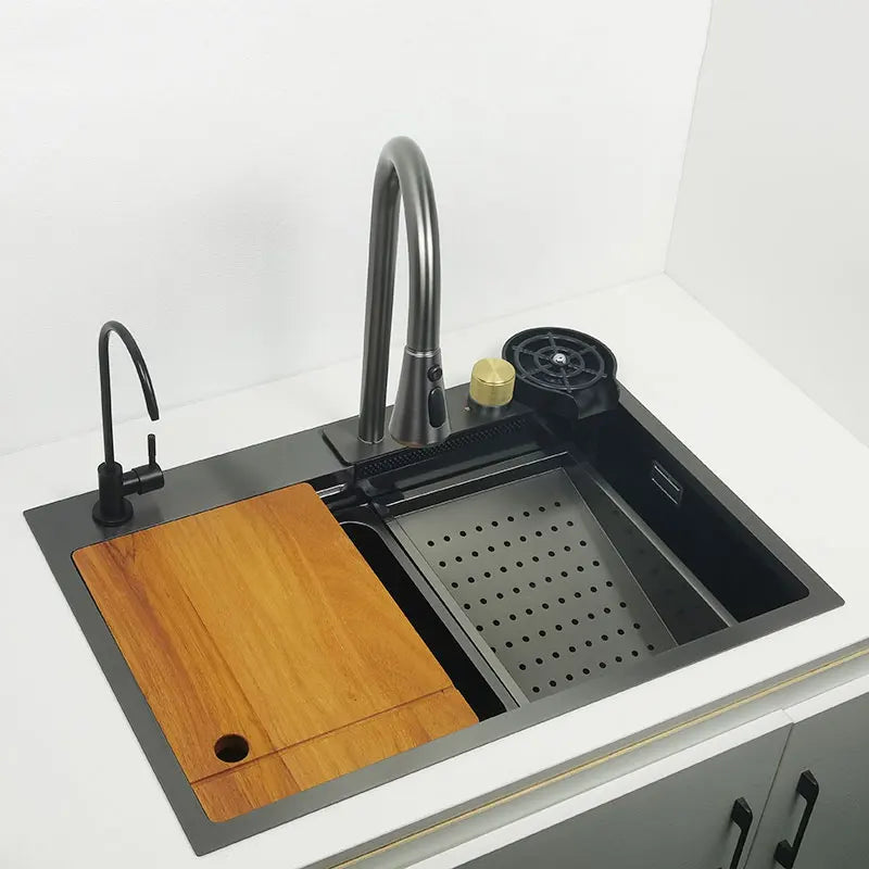 Gun Grey Kitchen Sink with Waterfall Faucet - Nano 304 Stainless Steel, Dark Gray, Topmount Single Bowl with Chopping Board