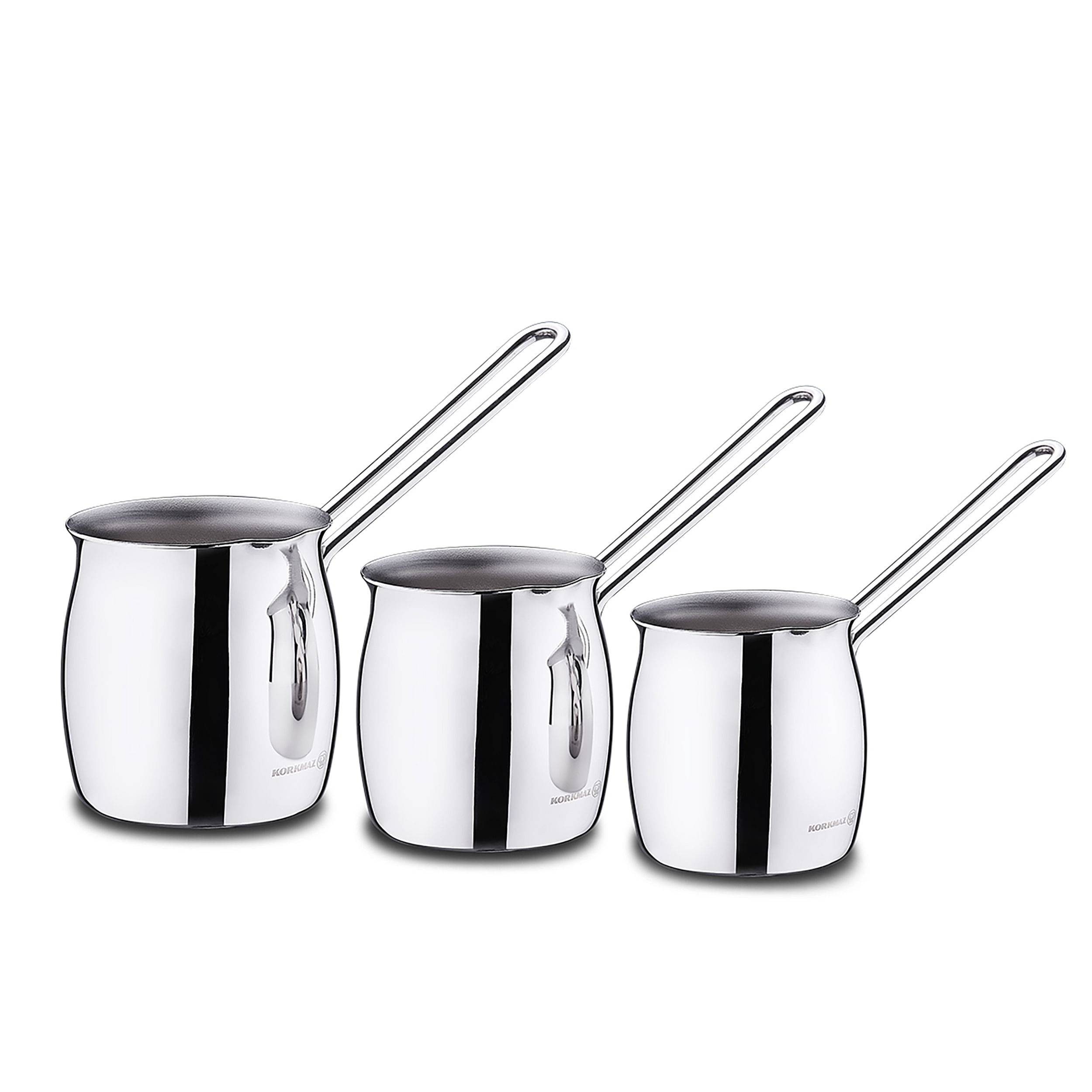 Korkmaz Tombik 3 Piece Stainless Steel Turkish Coffee Pot Set in Silver - Free Shipping 