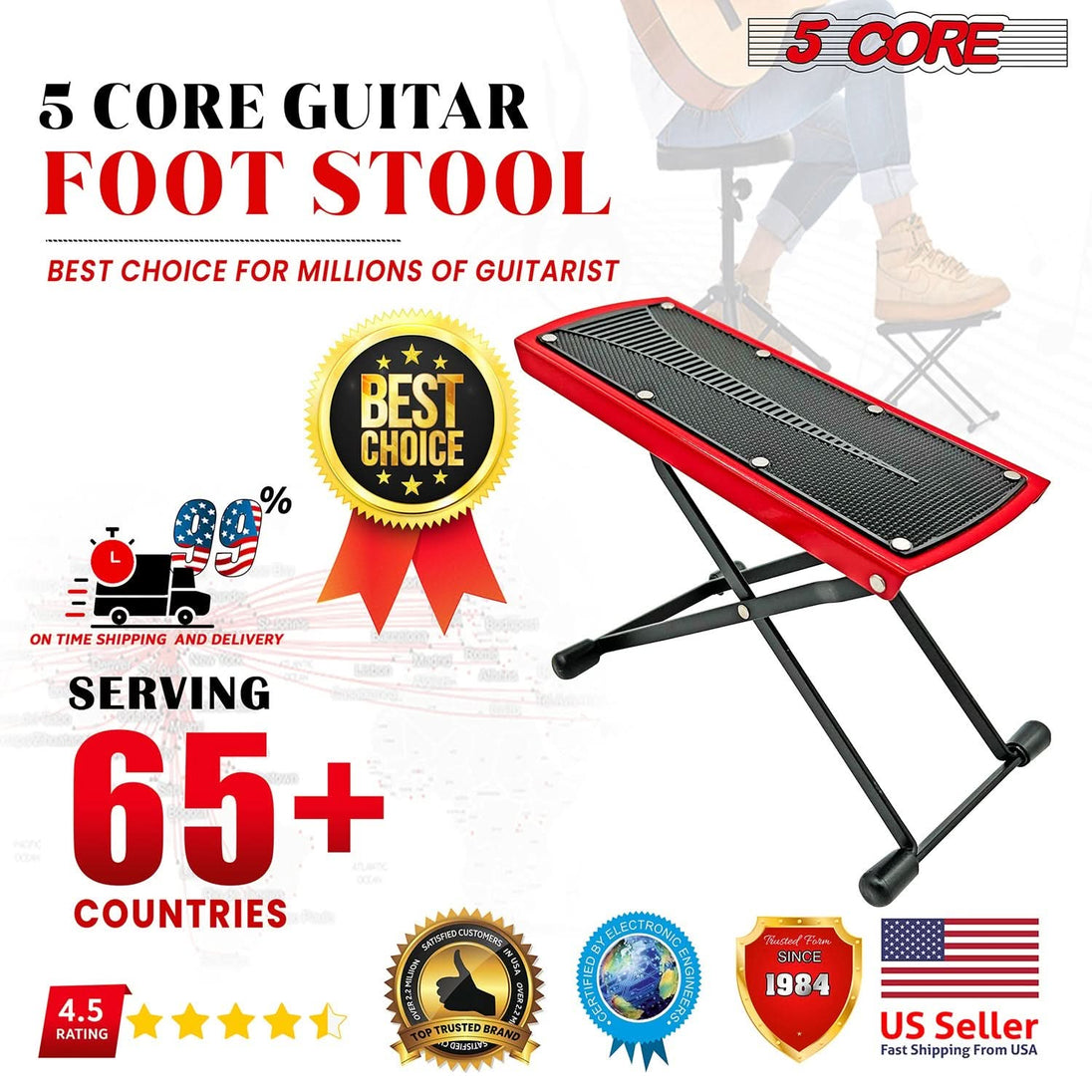 5Core Guitar Foot Stool – Height Adjustable Folding Leg Rest for Classical Guitarists