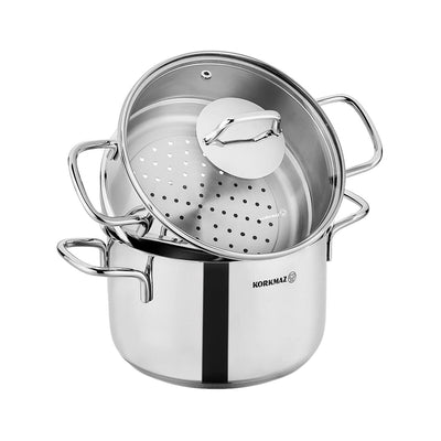 Korkmaz Perla 3 Piece 6.9 Liter Stainless Steel Casserole Steamer with Lid in Silver - Free Shipping 