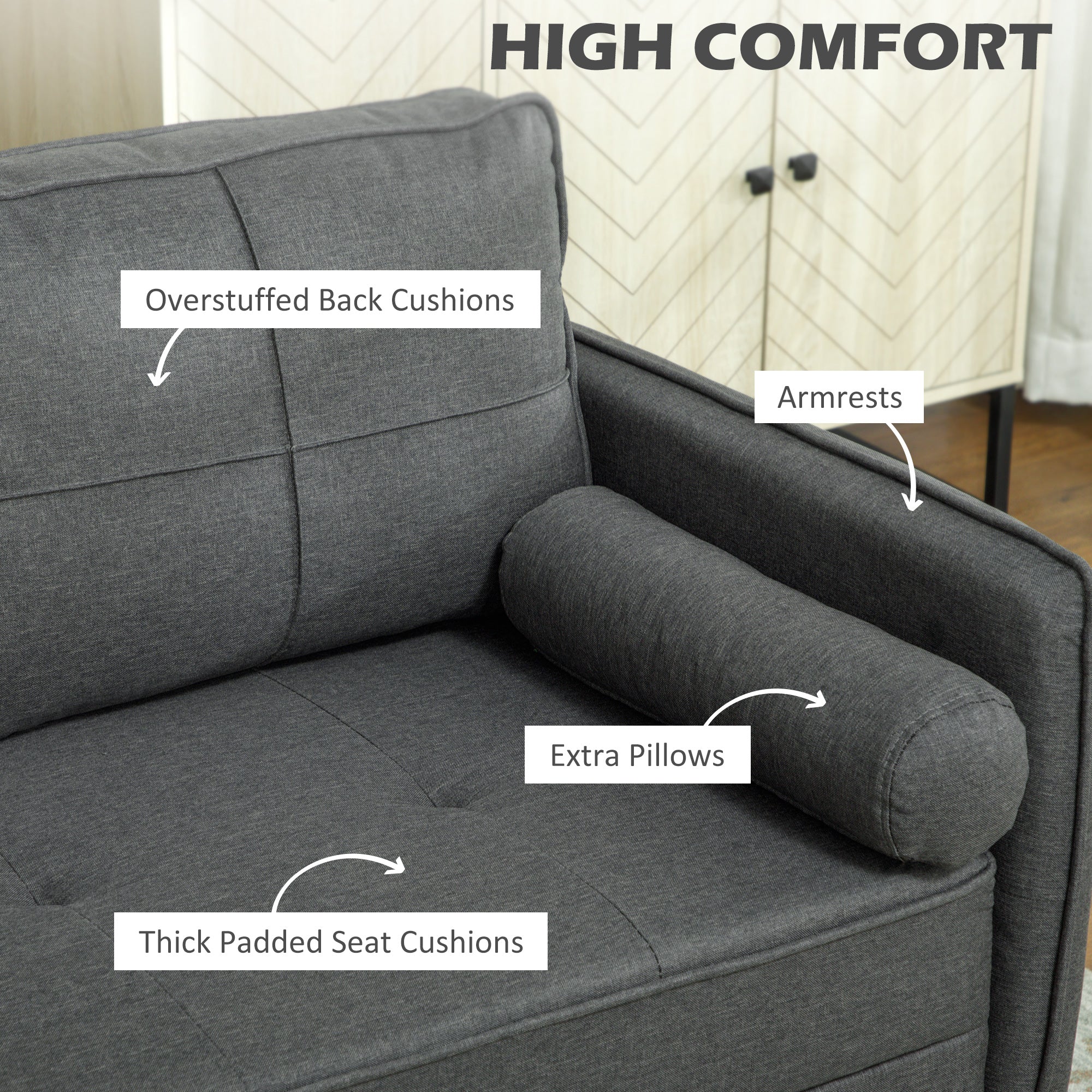 HOMCOM 56" Loveseat Sofa for Bedroom Upholstered 2 Seater Couch with Back Cushions and Pillows, Dark Grey 