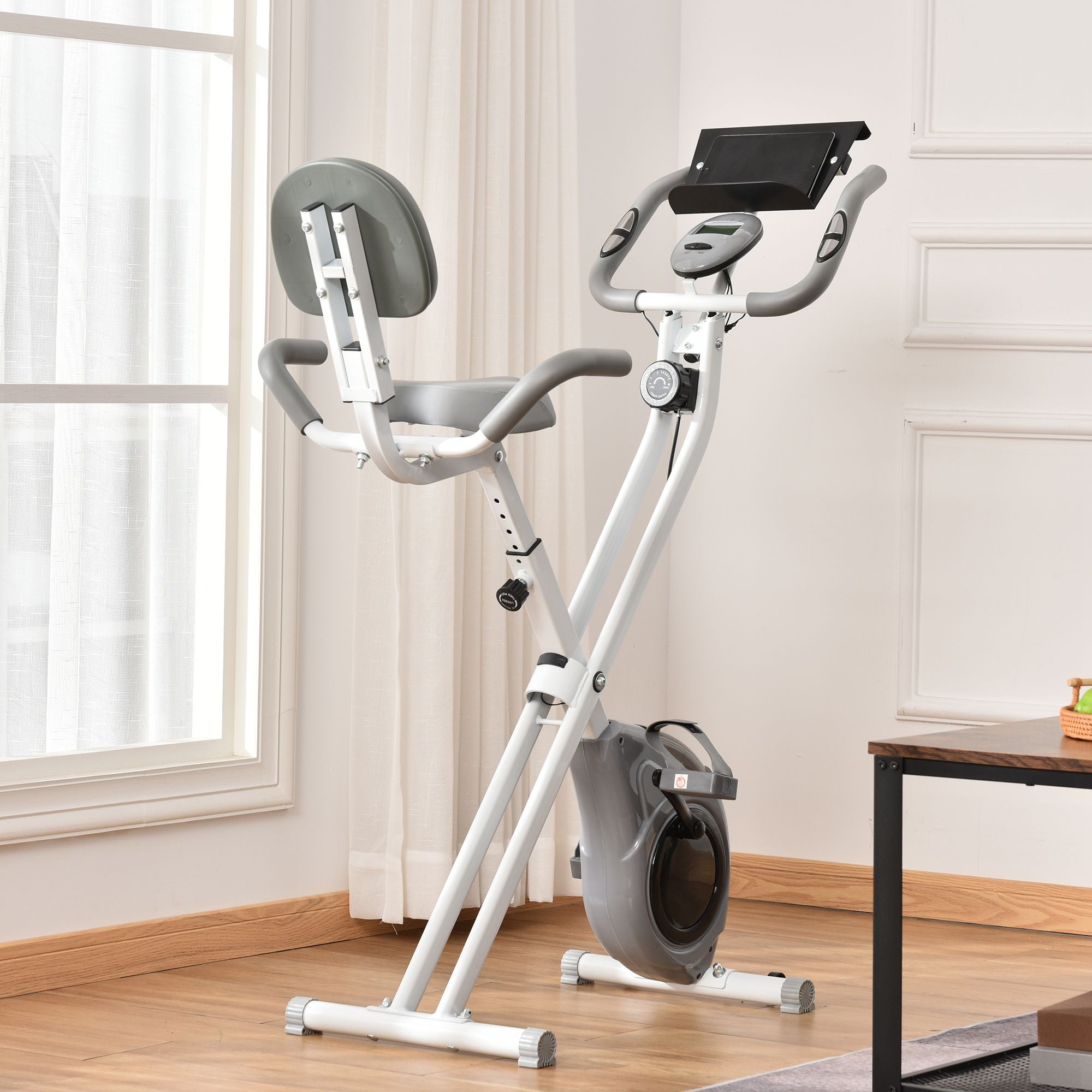 Soozier Folding Exercise Bike, Indoor Stationary Bike with 8-Level Magnetic Resistance and LCD Monitor, for Cardio Workout Grey 