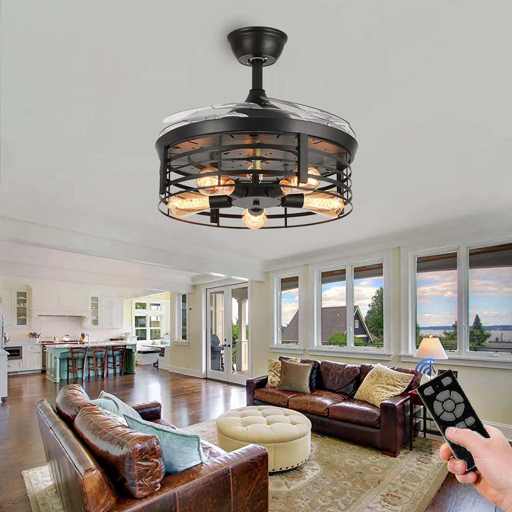 New Bird Cage Ceiling Fan Lamp - American Rural Retro Design with E27 Lights, Creative Invisible Fan for Living Room and Dining Room 