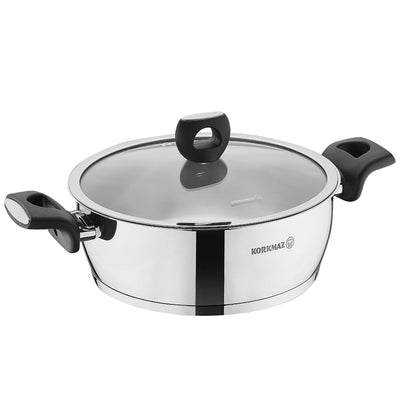 Korkmaz Nora 9.5 Inch Stainless Steel Low Casserole with Lid in Silver - Free Shipping 