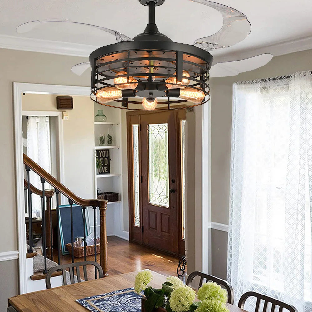 New Bird Cage Ceiling Fan Lamp - American Rural Retro Design with E27 Lights, Creative Invisible Fan for Living Room and Dining Room 