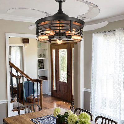 New Bird Cage Ceiling Fan Lamp - American Rural Retro Design with E27 Lights, Creative Invisible Fan for Living Room and Dining Room 