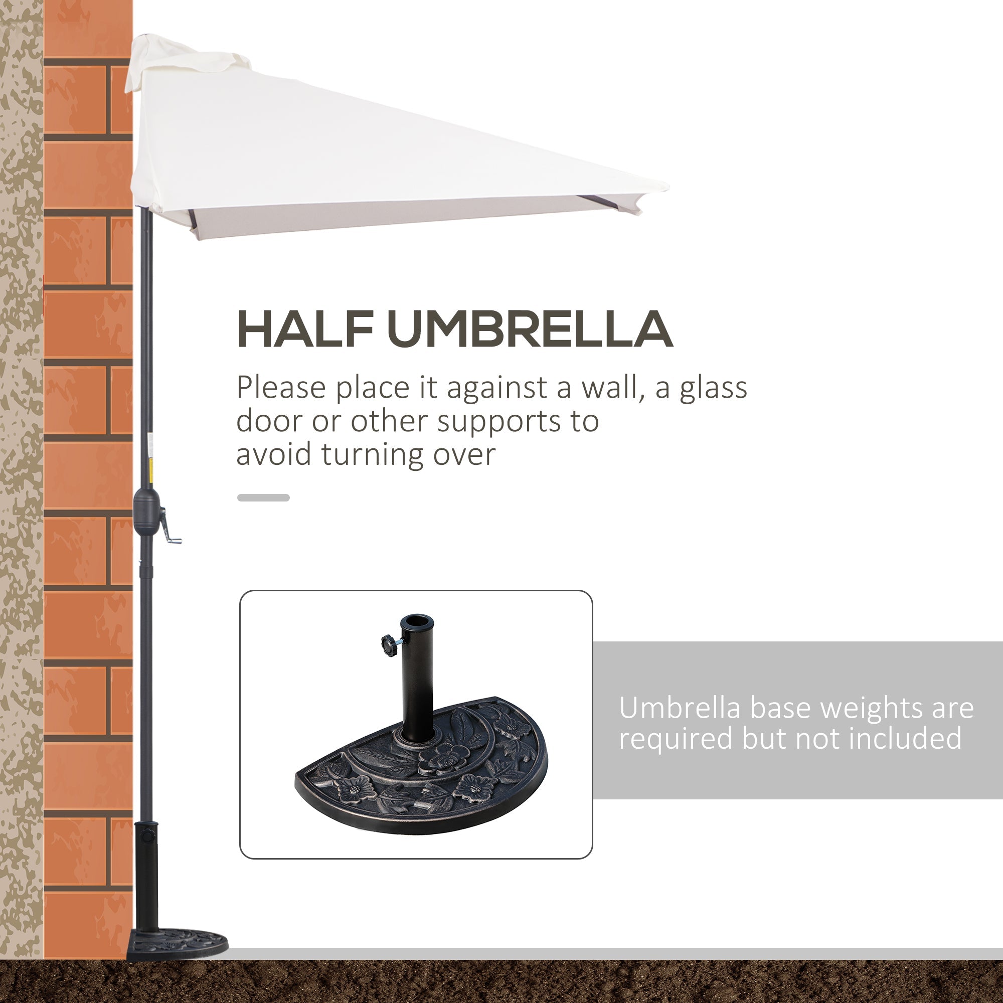 Outsunny 8ft Half Umbrella Outdoor Balcony Parasol Patio Garden Outdoor Window Sun Shade w/ 5 Ribs, Cream White 