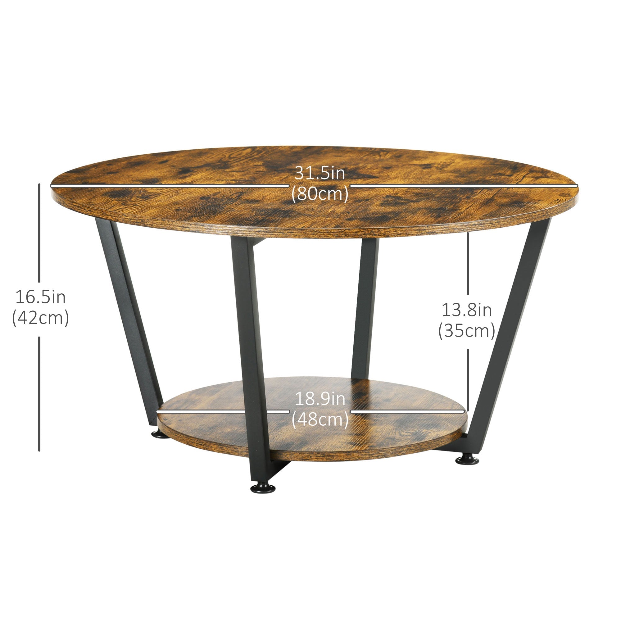 HOMCOM Rustic Brown Round Coffee Table: Center Table with Storage Shelf and Steel Frame for Living Room 