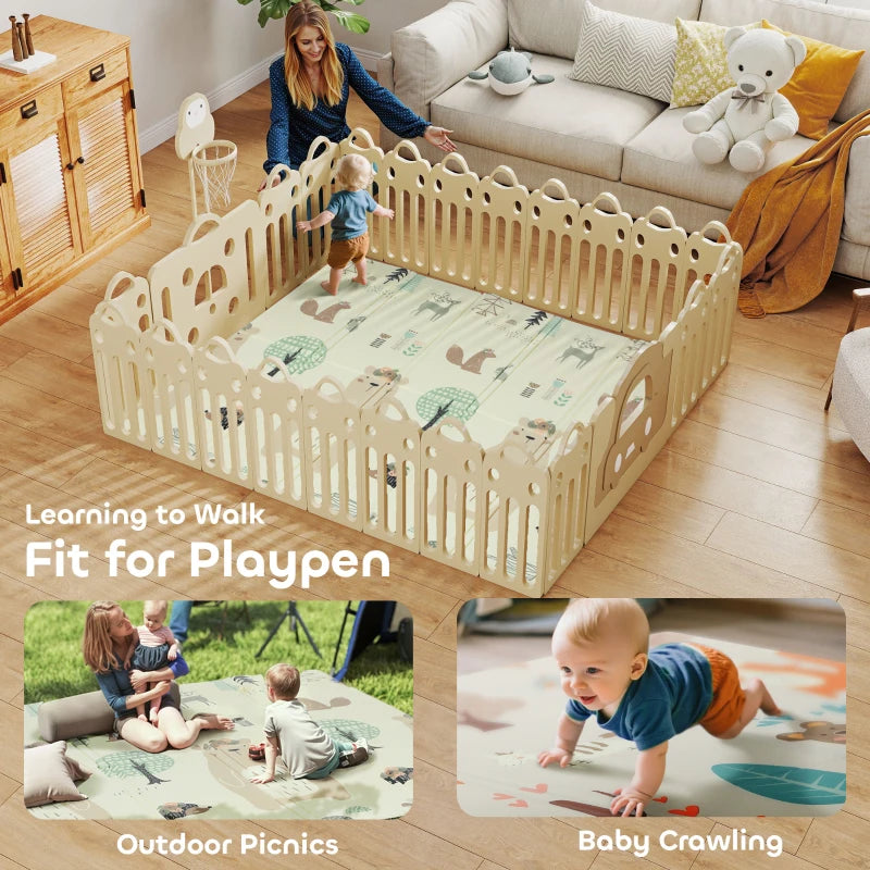 Qaba Double Sided Baby Play Mat, Reversible & Waterproof Foldable Crawling Mat, Animal Theme