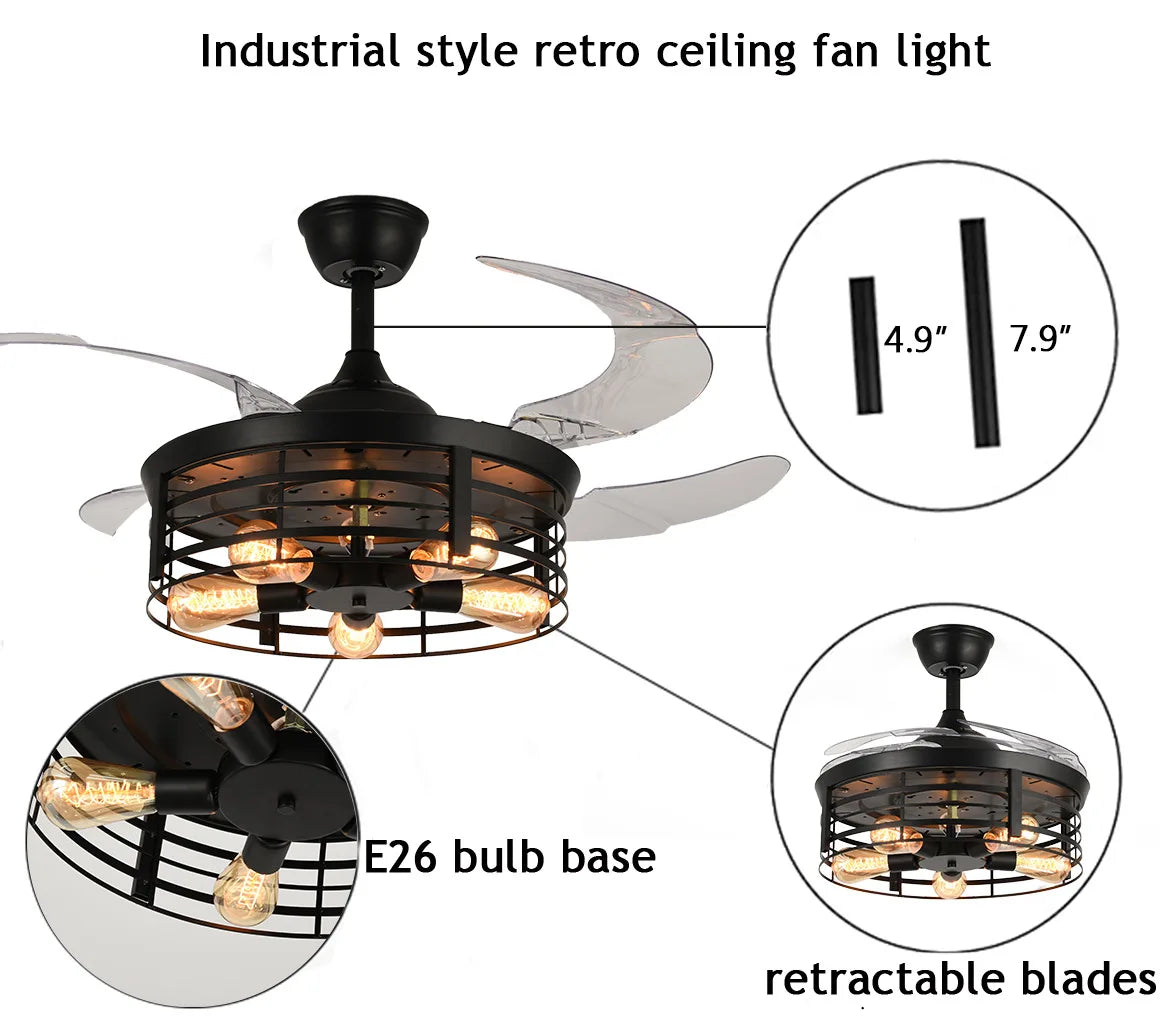 New Bird Cage Ceiling Fan Lamp - American Rural Retro Design with E27 Lights, Creative Invisible Fan for Living Room and Dining Room 