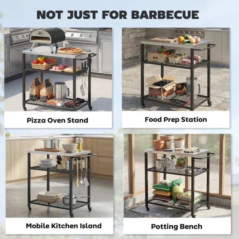 Outdoor Grill Cart with Stainless Steel Top, Two-Shelf Pizza Oven Stand, Food Prep Table on Wheels, Black