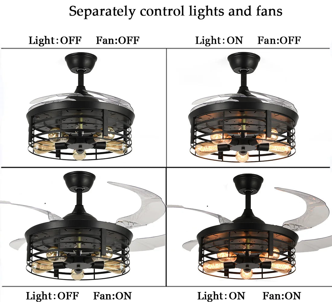 New Bird Cage Ceiling Fan Lamp - American Rural Retro Design with E27 Lights, Creative Invisible Fan for Living Room and Dining Room 