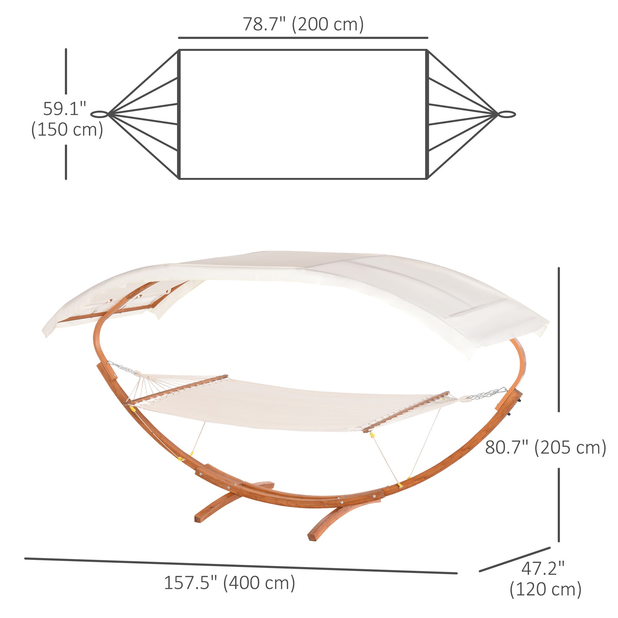 Outsunny 2 Person Wood Swing Arc Hammock Bed and Stand Set with Canopy, White/Teak 