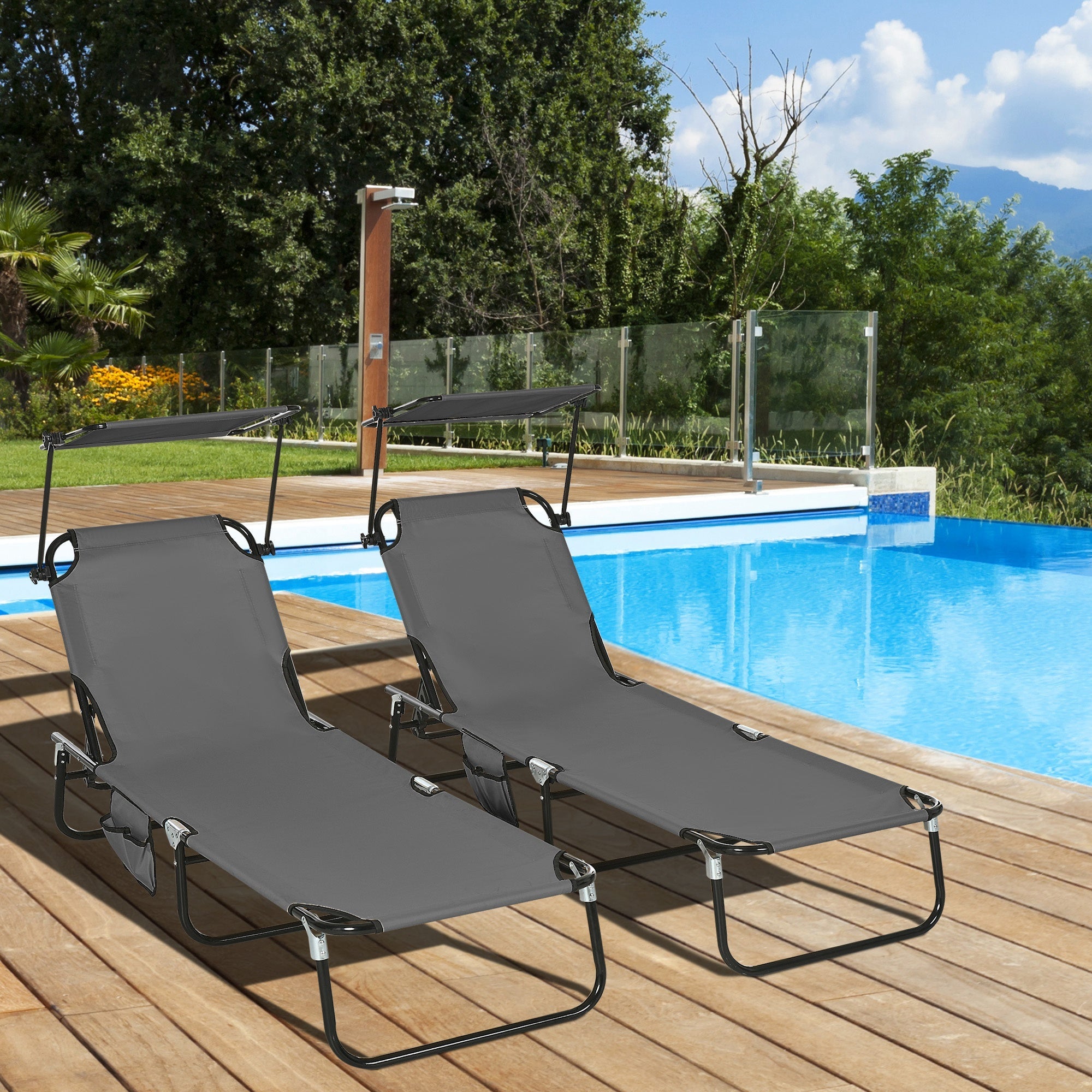 Outsunny 2 Piece Folding Outdoor Chaise Lounges, Pool Tanning Chairs with Reclining Back, Sunshade for Beach, Patio, Dark Grey 