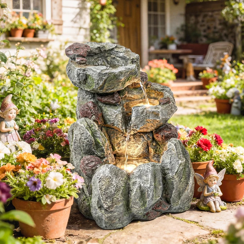 Outdoor Fountain with LED Lights Adjustable Flow Cascading Waterfall 3-Tier Rustic Rock Look Grey