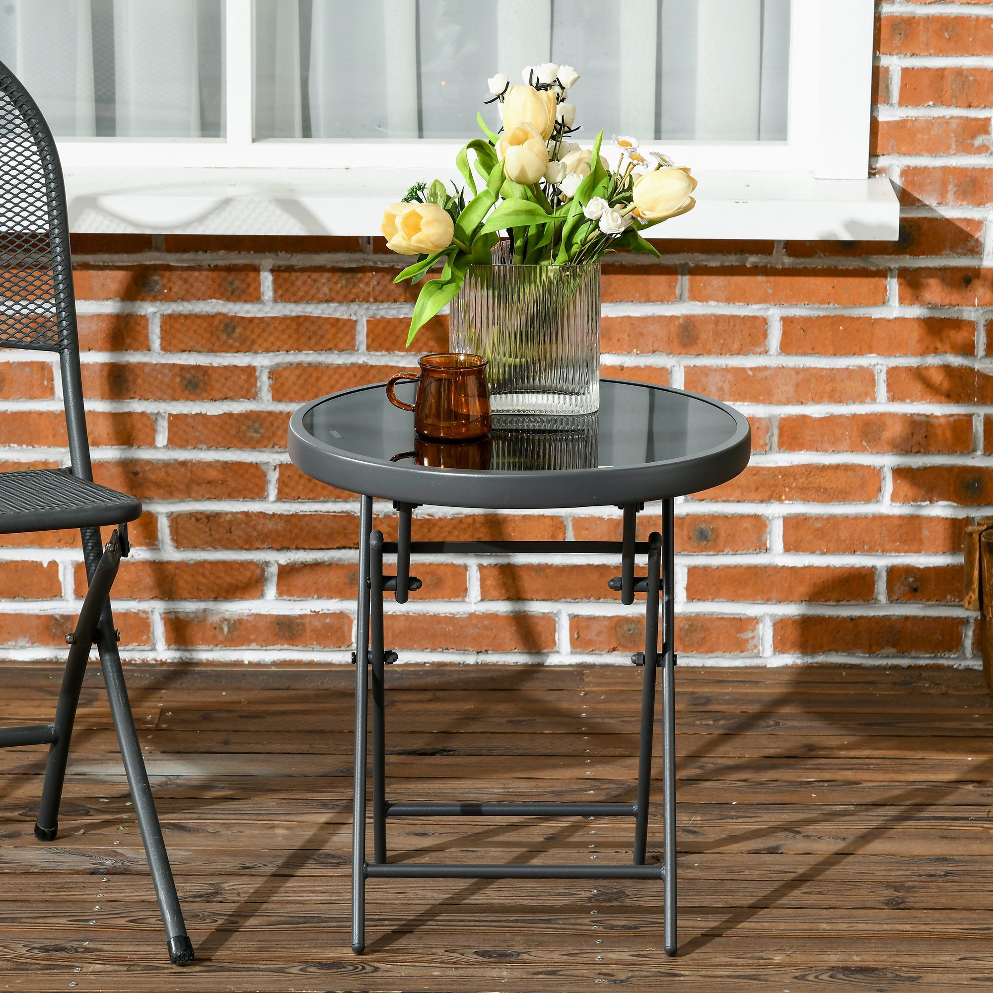 Outsunny 18" Outdoor Round Folding Table, Garden Side Table with Tempered Glass Top for Camping, Party, Weddings, Dark Grey 