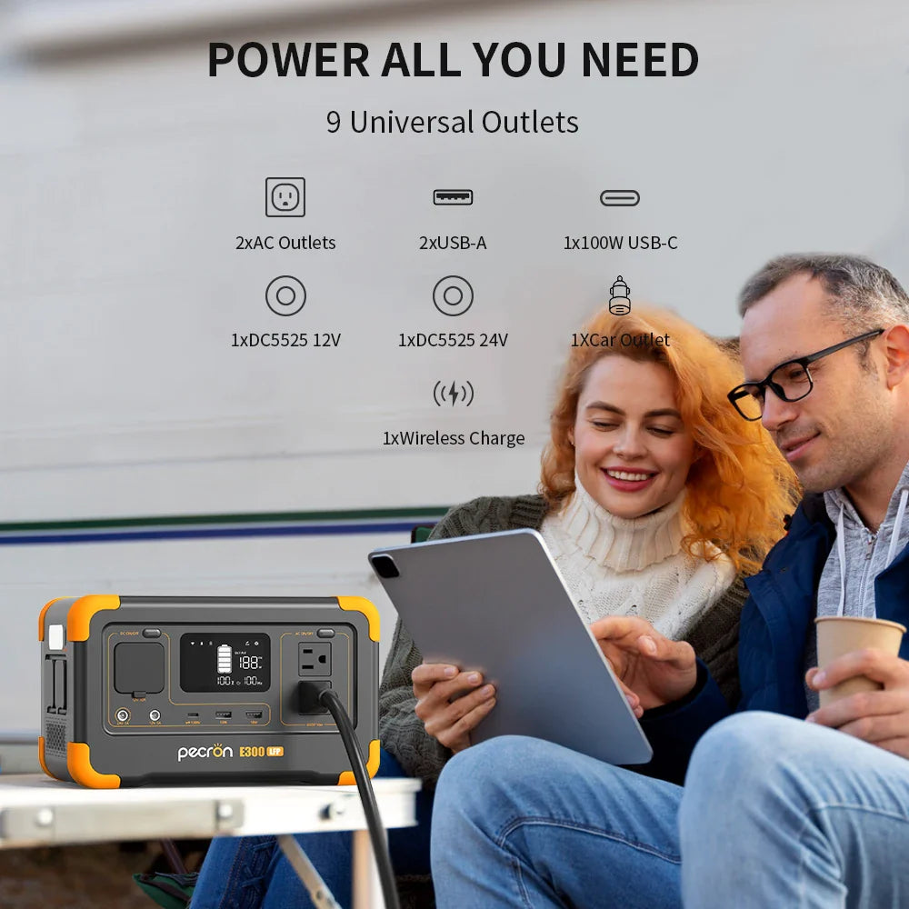 Pecron E300LFP Portable Power Station 600W 288Wh LiFePO4 Battery Solar Generator Power Bank Fast Charging for Home , RV, Camping 