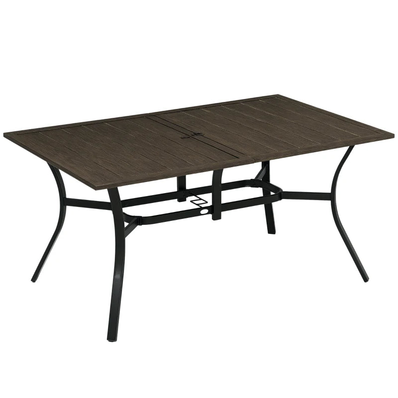 Steel Frame 59 Inch Outdoor Dining Table for Six with Parasol Hole, Wood Grain Tabletop, for Backyard, Garden, Brown