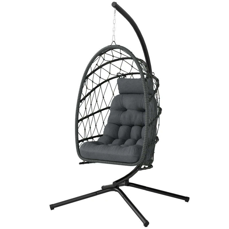 Hanging Egg Chair with Stand, Foldable Wicker Rattan Swing Chair with Thick Cushion, Dust Cover and Safety Rope, Grey