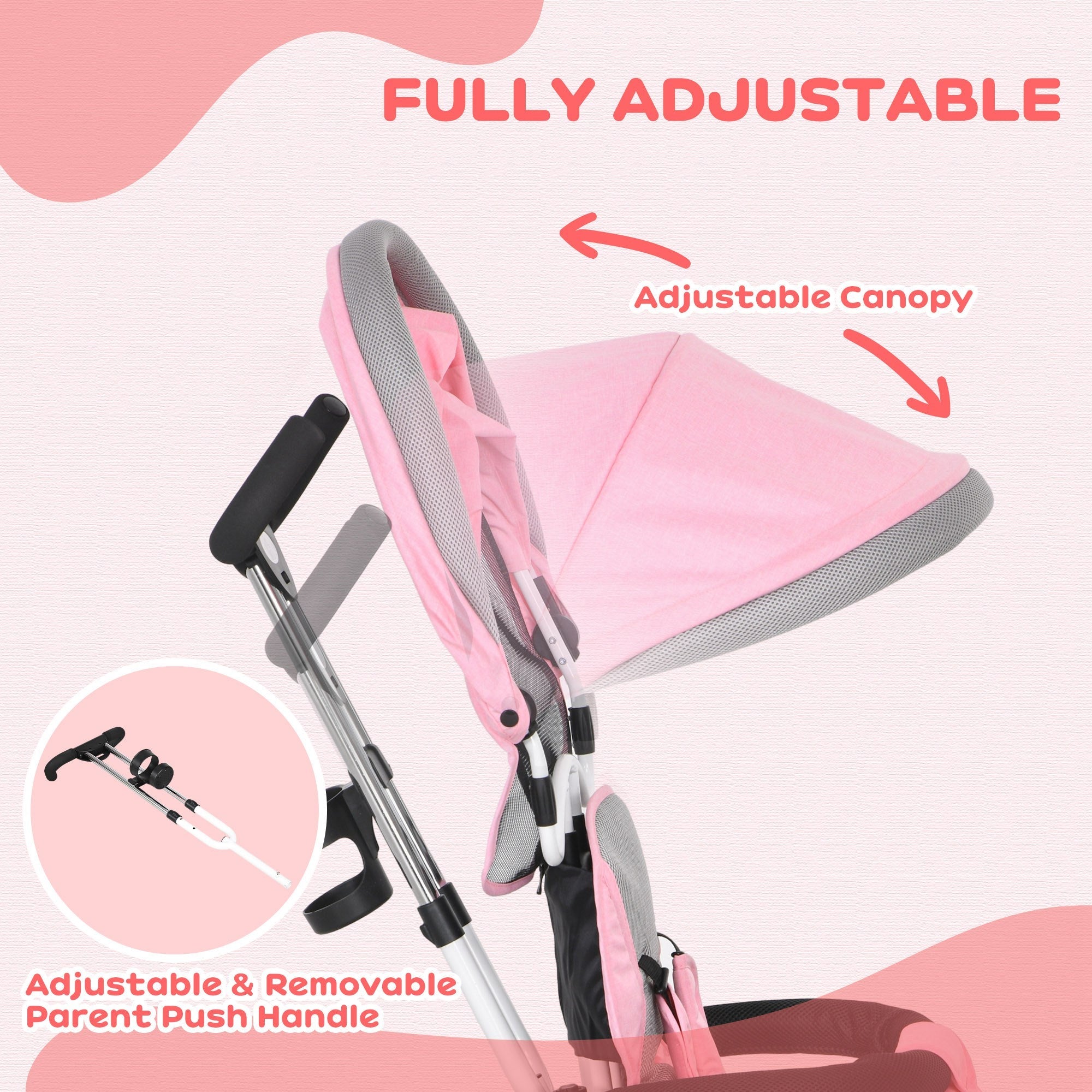 Qaba 4-in-1 Convertible Toddler Tricycle Stroller with Canopy Basket Safety Harness for Kids 12-60 Months Pink 