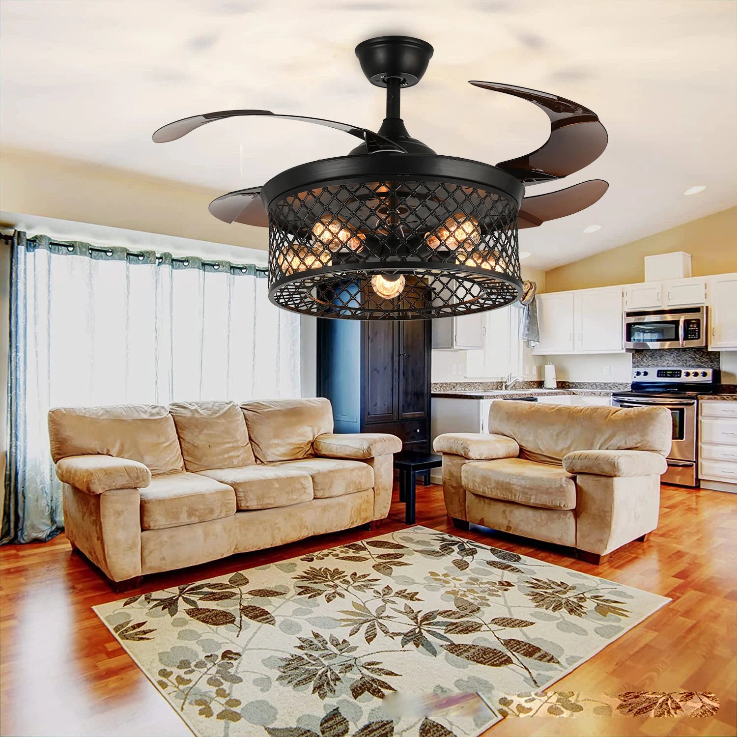 New Black Invisible Fan Lamp - Mute Creative Ceiling Fan Light for Living Room and Bedroom 