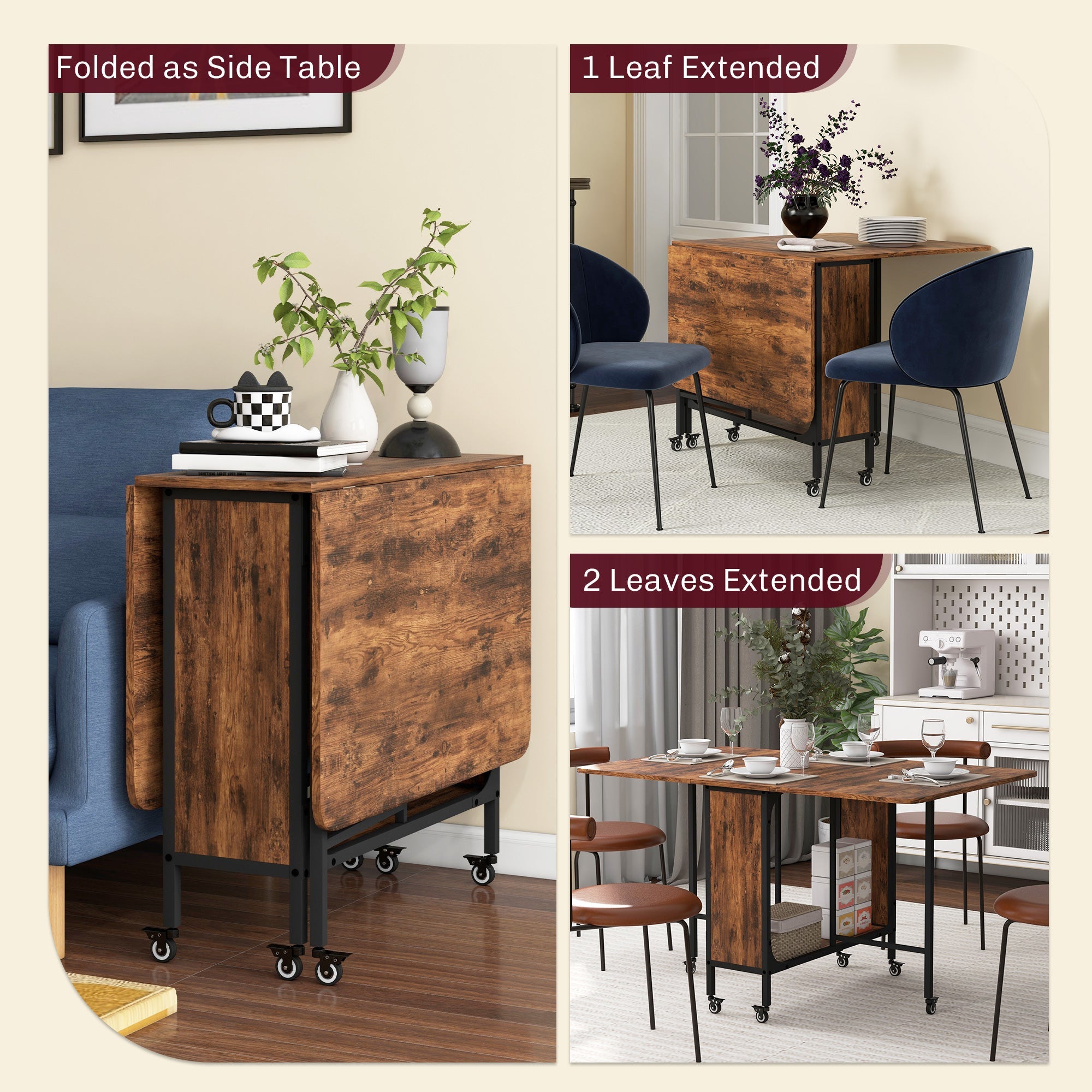 HOMCOM Folding Dining Table, Extendable Kitchen Table for Small Spaces with Storage Shelf and 6 Wheels, Rustic Brown 