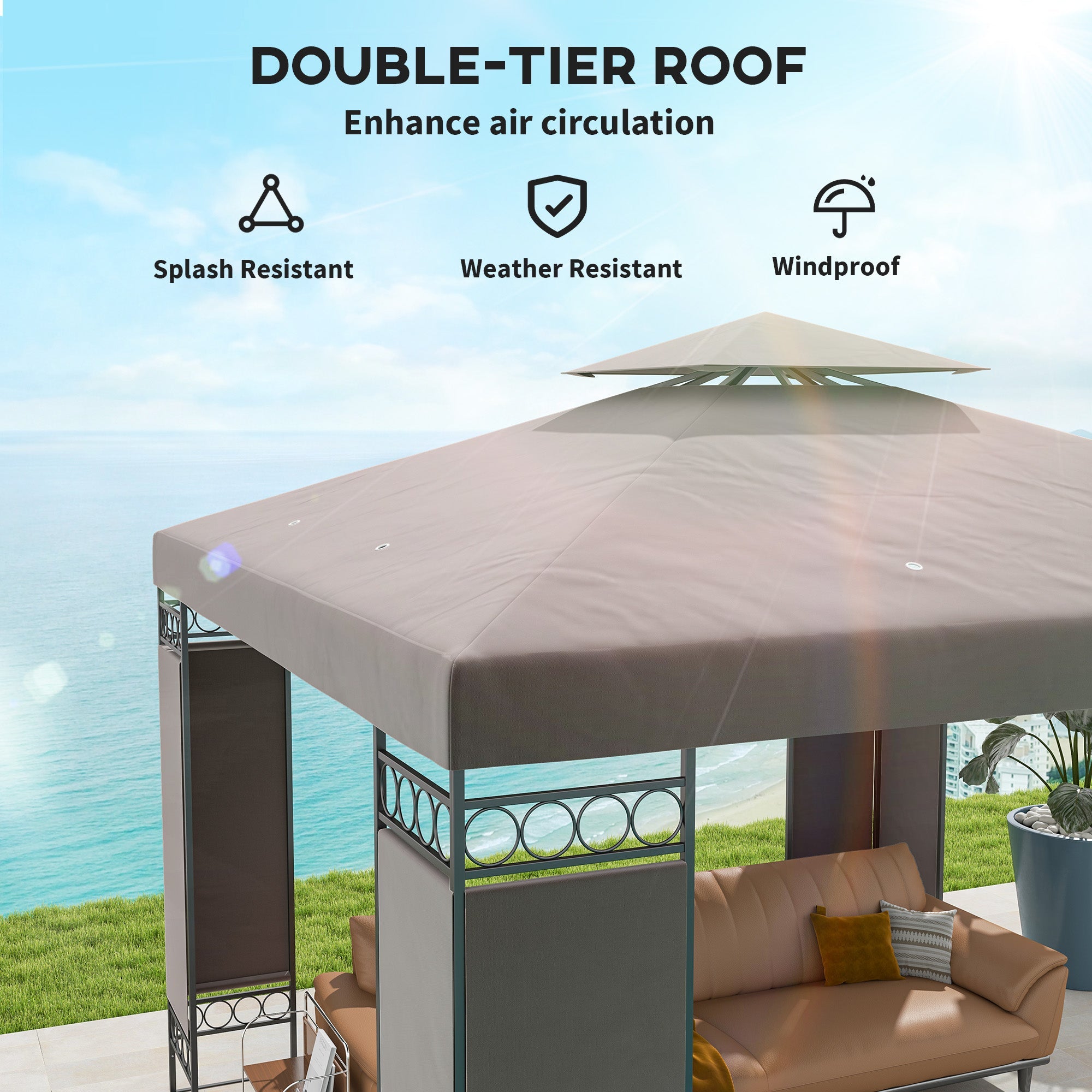 Outsunny 10 x 10 FT Canopy Gazebo, Double Roof Patio Gazebo with Screen Panels and Metal Frame for Deck, Backyard, Khaki 